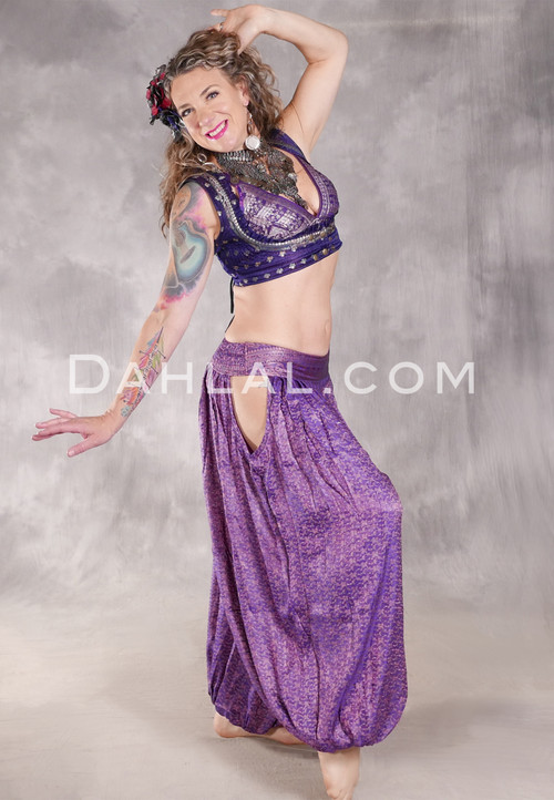 LUNA JADE Draped Silk Brocade Harem Pant - Purple, Fuchsia and Silver