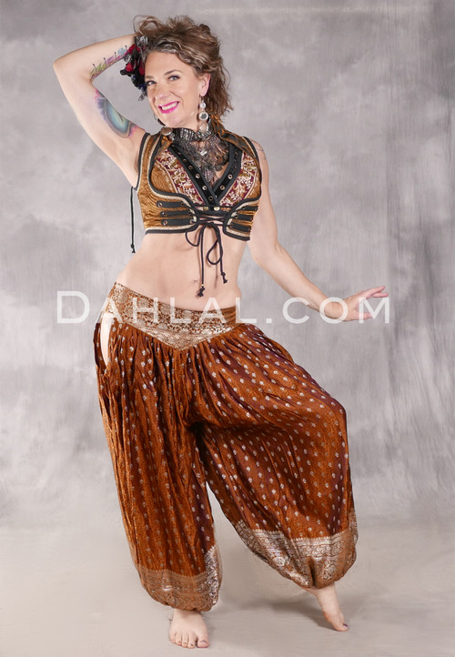 LUNA JADE Draped Silk Brocade Harem Pant - Sienna, Silver and Purple