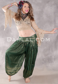 LUNA JADE Draped Silk Brocade Harem Pant - Green and Sage