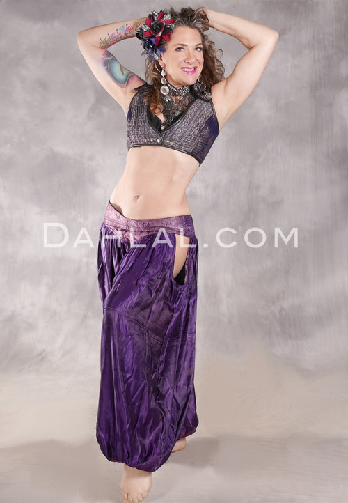 LUNA JADE Draped Silk Brocade Harem Pant - Purple and Mauve