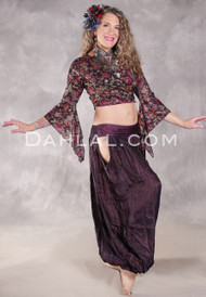LUNA JADE Draped Silk Brocade Harem Pant - Dark Plum, Magenta and Silver