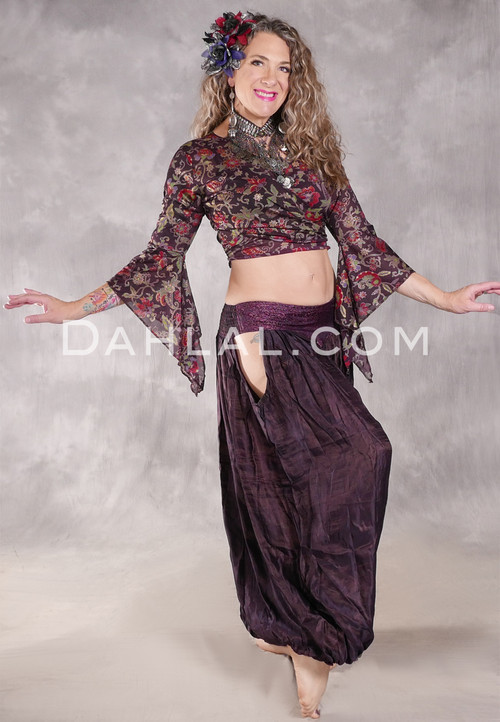 LUNA JADE Draped Silk Brocade Harem Pant - Dark Plum, Magenta and Silver