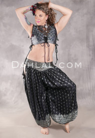 LUNA JADE Draped Silk Brocade Harem Pant - Black with Mint and Silver