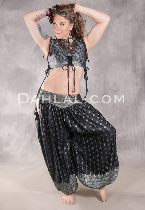 LUNA JADE Draped Silk Brocade Harem Pant - Black with Mint and Silver