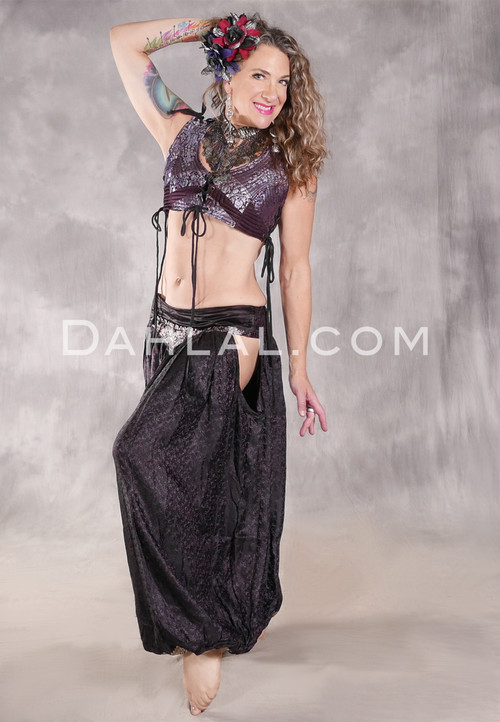 LUNA JADE Draped Silk Brocade Harem Pant - Black and Lavender with Silver