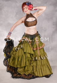 MOONLIGHT AVALON 25 Yard Silk Tiered Ruched Skirt - Olive, Silver and Light Copper