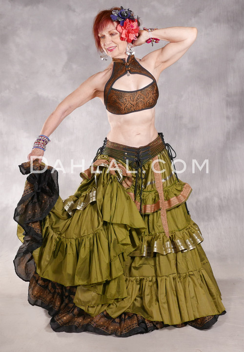 MOONLIGHT AVALON 25 Yard Silk Tiered Ruched Skirt - Olive, Silver and Light Copper