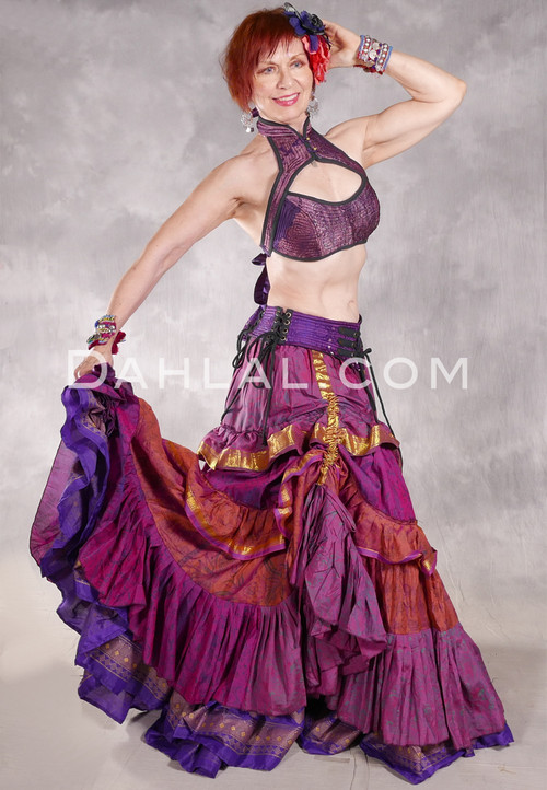 MOON FLOWER 25 Yard Printed Silk Tiered Ruched Skirt - Magenta, Orange Iris, Purple, Black and Gold