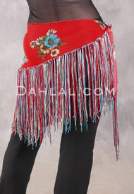 Lycra Fringe Hip Scarf - Floral Print with Red, Ivory and Turquoise