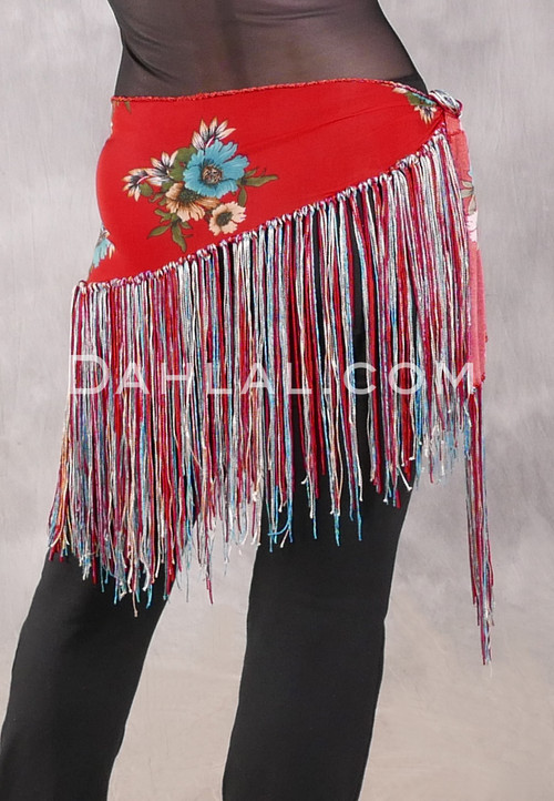 Lycra Fringe Hip Scarf - Floral Print with Red, Ivory and Turquoise