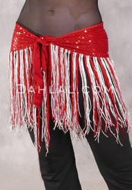 Lycra Fringe Hip Scarf - Red Print with Red, Ivory and Tan