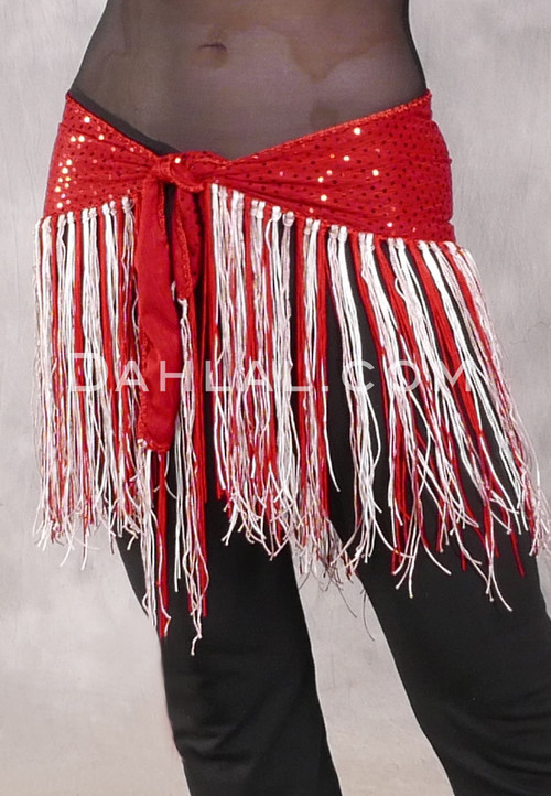 Lycra Fringe Hip Scarf - Red Print with Red, Ivory and Tan