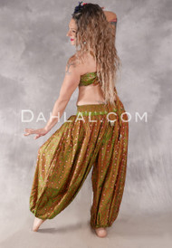 LUNA JADE II Silk Brocade Harem Pant and Large Sari Halter Top Set - Spring Green, Burnt Orange and Silver