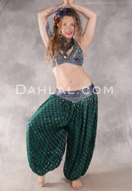 LUNA JADE II Silk Brocade Harem Pant and Small Sari Halter Top Set - Emerald, Magenta and Silver