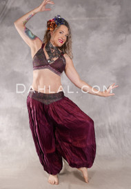 LUNA JADE II Silk Brocade Harem Pant and Medium Sari Halter Top Set - Deep Wine, Purple, Emerald and Silver