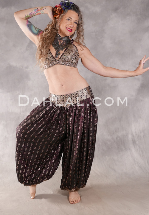 LUNA JADE II Silk Brocade Harem Pant and Medium Sari Halter Top Set - Black, Purple and Silver Paisley
