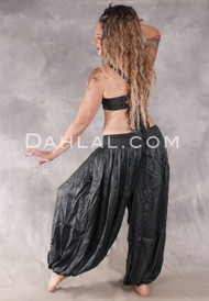 LUNA JADE II Silk Brocade Harem Pant and Medium Sari Halter Top Set - Slate Soft Paisley on Black