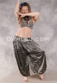 LUNA JADE II Silk Brocade Harem Pant and Small Sari Halter Top Set - Silver Floral Pattern on Black