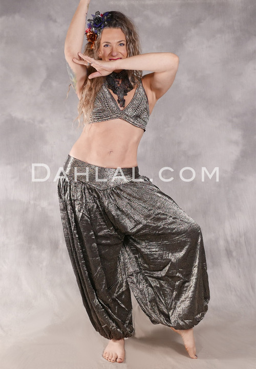 LUNA JADE II Silk Brocade Harem Pant and Small Sari Halter Top Set - Silver Floral Pattern on Black