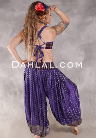 LUNA JADE II Silk Brocade Harem Pant and Small Sari Halter Top Set - Purple, Silver and Burgundy