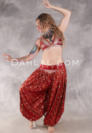 LUNA JADE II Silk Brocade Harem Pant and Small Sari Halter Top Set - Red, Orange, Green and Silver Floral