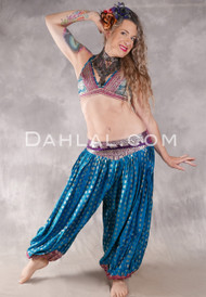 LUNA JADE II Silk Brocade Harem Pant and Medium Sari Halter Top Set - Turquoise, Silver, Fuchsia and Magenta