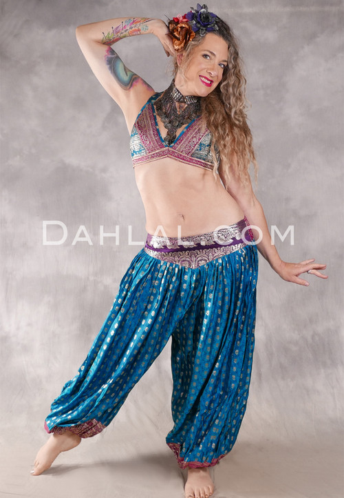 LUNA JADE II Silk Brocade Harem Pant and Medium Sari Halter Top Set - Turquoise, Silver, Fuchsia and Magenta