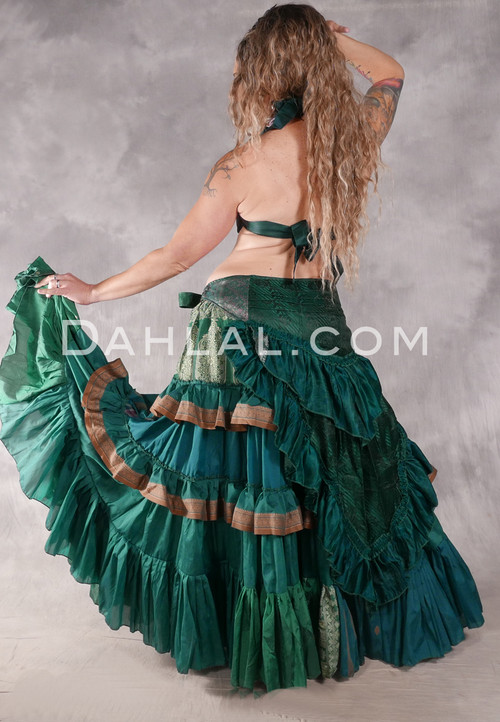 MOONLIGHT AVALON 25 Yard Silk Tiered Ruched Skirt - Emerald, Green, Copper and Cream