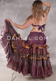 MOON FLOWER 25 Yard Printed Silk Tiered Ruched Skirt - Sand, Purple, Dusty Lavender, Magenta, Green and Gold