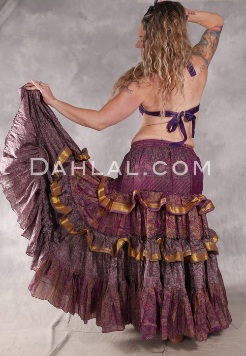 MOON FLOWER 25 Yard Printed Silk Tiered Ruched Skirt - Sand, Purple, Dusty Lavender, Magenta, Green and Gold