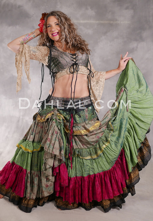 MOON FLOWER 25 Yard Printed Silk Tiered Ruched Skirt - Green, Taupe, Rosy Red and Gold