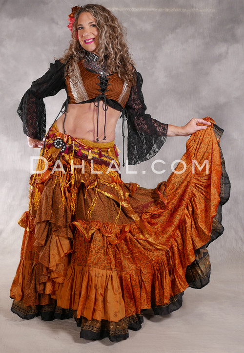 MOON FLOWER 25 Yard Printed Silk Tiered Ruched Skirt - Butternut, Golden Orange, Dark Sand, Black and Gold