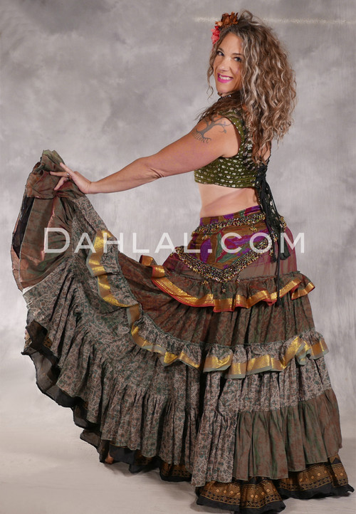 MOON FLOWER 25 Yard Printed Silk Tiered Ruched Skirt -Iridescent Red, Olive, Gray, Gray, Green and Gold