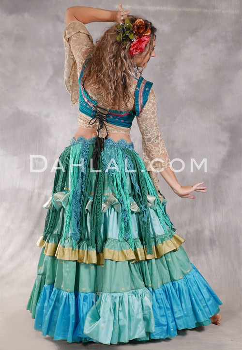 MOONLIGHT AVALON 25 Yard Silk Tiered Ruched Skirt - Seafoam, Aqua, Blue, Gold and Silver