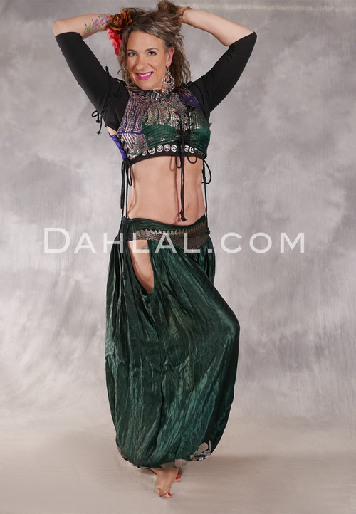 LUNA JADE Draped Silk Brocade Harem Pant - Forest Green with Silver
