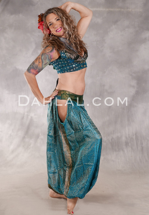 LUNA JADE Draped Silk Brocade Harem Pant - Teal, Olive and Antique Gold