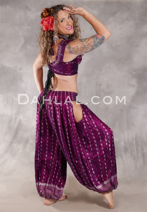 LUNA JADE Draped Silk Brocade Harem Pant - Magenta with Silver