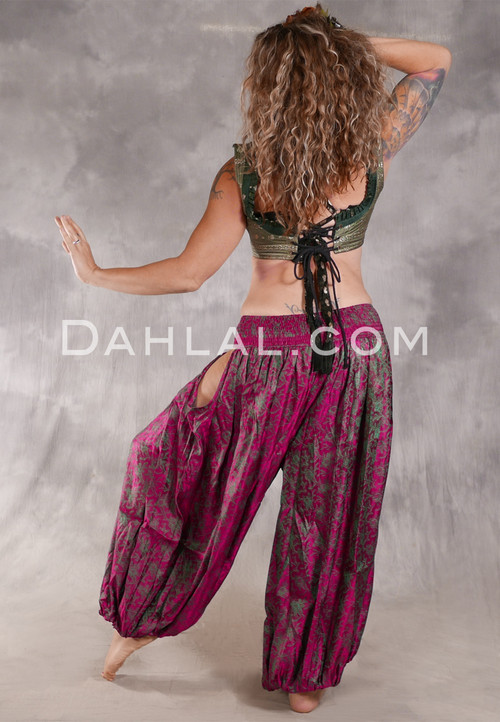 LUNA JADE Draped Silk Brocade Harem Pant - Fuchsia, Green and Light Gold