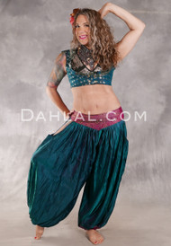 LUNA JADE Draped Silk Brocade Harem Pant - Deep Teal, Fuchsia and Light Gold