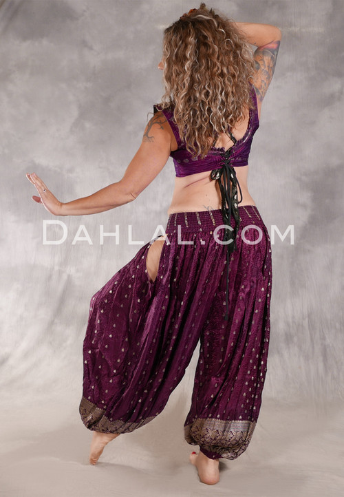 LUNA JADE Draped Silk Brocade Harem Pant - Deep Plum with Silver