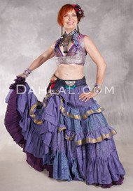 MOON FLOWER 25 Yard Printed Silk Tiered Ruched Skirt -Iridescent Blue, Dusty Lavender, Gold, Black and Red