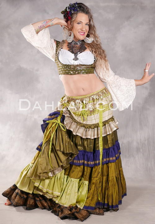 MOONLIGHT AVALON 25 Yard Silk Tiered Ruched Skirt - Olive, Lime, Navy, Cream and Gold