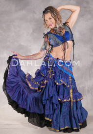 MOON FLOWER 25 Yard Printed Silk Tiered Ruched Skirt - Iridescent Deep Blue, Purple and Gold