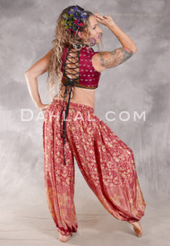BEYOND THE DESERT Silk Blend Pocket Harem Pant -Deep Red, Light Green and Light Orange