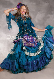 MOONLIGHT AVALON 25 Yard Silk Tiered Ruched Skirt - Teal, Medium Blue, Purple, Ivory and Light Gold