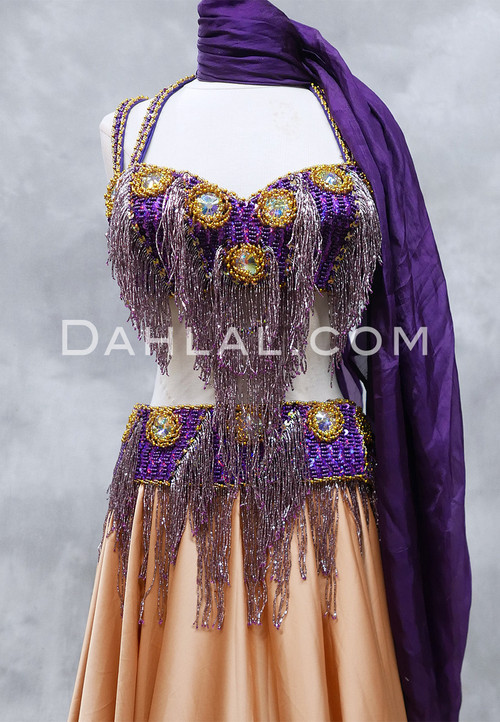 TAHIA Egyptian Beaded Bra and Belt Set - Purple, Gold and Amethyst