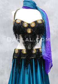 TAHIA Egyptian Beaded Bra and Belt Set - Black and Gold