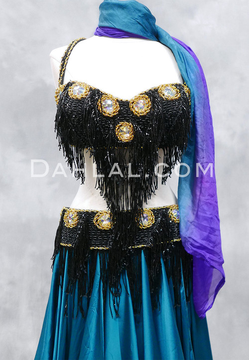TAHIA Egyptian Beaded Bra and Belt Set - Black and Gold