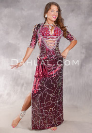SUNRISE OVER LUXOR Egyptian Dress - Metallic Red on Black with Silver, Red and Wine