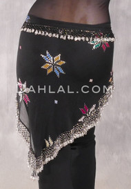 Egyptian Assuit Wide Row Beaded Hip Scarf - Black with Silver and Multi-color